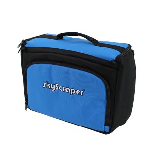 Blue and black travel bag with handles, displaying the text "skyscraper" on the front pocket, set against a plain white background.