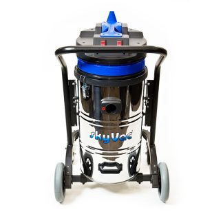 A silver and blue SkyVac vacuum cleaner with wheels is positioned upright, featuring a black handle and control switches on top, displayed against a plain white background.