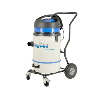 A vacuum cleaner stands on a wheeled cart, featuring a cylindrical body labeled "SkyVac Supercharged" in blue text, set in a plain white background.