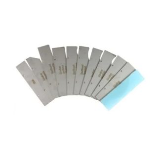 Metal blades fan out, arranged in an arc, with engraved text reading “PLUY Straight SC-2.” They rest on a plain white background, the last blade featuring a distinctive blue edge.