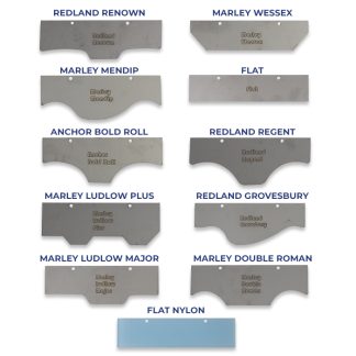 Metal roofing templates displayed in a grid, each labeled with names like "Redland Renown" and "Marley Wessex," showcasing different profiles and shapes on a white background.