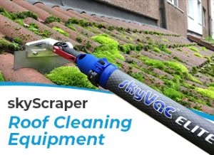 A roof cleaning tool scrapes moss from a tiled roof using a long-handled device labeled "skyVac ELITE." The text reads "skyScraper Roof Cleaning Equipment" in a residential setting.