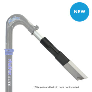 SkyVac attachment with a carbon fiber appearance and angled nozzle connects to a sleek black handle; labeled "NEW." Text reads: "skyVac ELITE" and "*Elite pole and hairpin neck not included."
