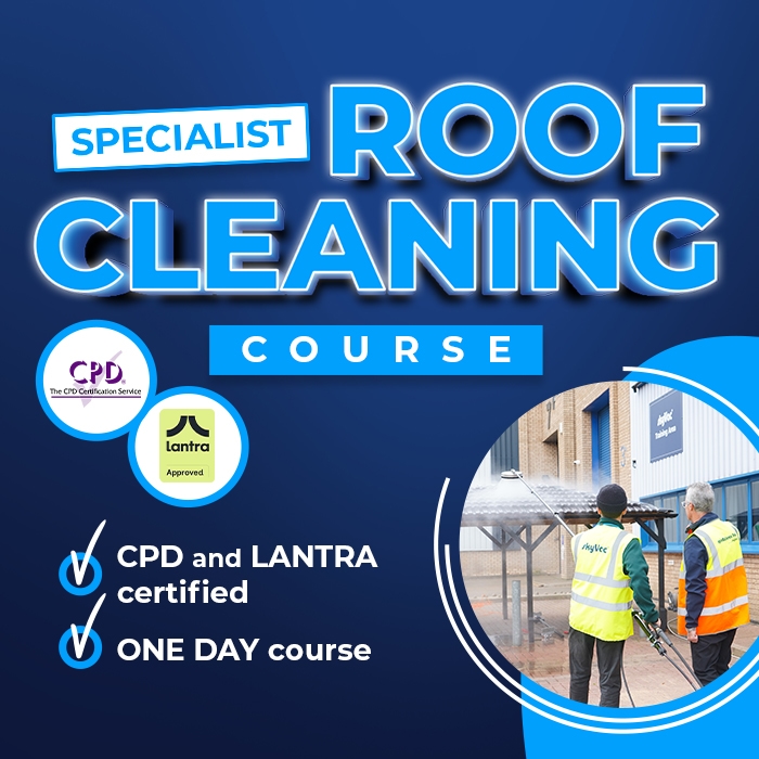 Promotional image for a "Specialist Roof Cleaning Course," featuring CPD and LANTRA certification logos, a checkmark list stating "CPD and LANTRA certified" and "ONE DAY course," alongside two people cleaning a roof with a hose.