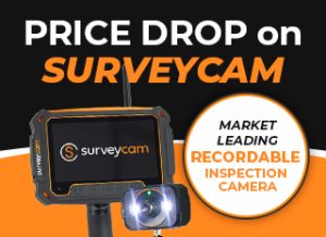 A SurveyCam inspection camera is displayed with the text "PRICE DROP on SURVEYCAM" and "MARKET LEADING RECORDABLE INSPECTION CAMERA" on an orange and black background.