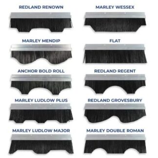 Roof tile vent adapters with brushes are arranged in four rows, each labeled with names like "REDLAND RENOWN" and "MARLEY DOUBLE ROMAN," displaying different shapes and styles on a white background.