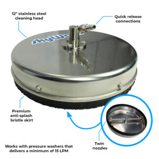 Stainless steel cleaning disk with quick release connections and twin nozzles is labeled "skyW" and features a premium anti-splash bristle skirt. Compatible with pressure washers delivering 15 LPM minimum.