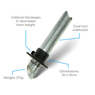 Metal tube tool designed for unblocking downpipes, featuring a black connector and clamp; context labels indicate dual tool functionality, weight (272g), and dimensions (30x10cm).