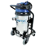 A stainless steel industrial vacuum cleaner on wheels, featuring a blue top, is branded with the text "BigVac Superior" and positioned against a plain background.