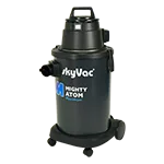 Vacuum cleaner labeled "SkyVac Mighty Atom" on wheels, positioned against a plain background with visible hose attachments on the side.
