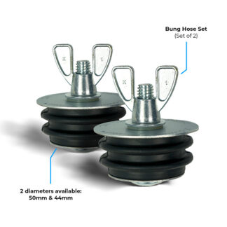 Bung hose set with two wing-nut stoppers, positioned upright with rubber seals, shown against a white background. Text reads: "Bung Hose Set (Set of 2)" and "2 diameters available: 50mm & 44mm."