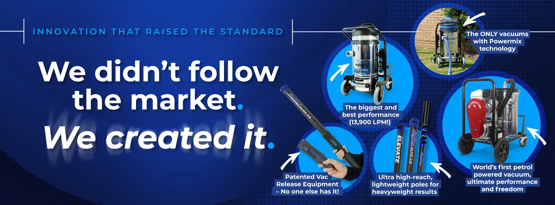 Advertisement featuring advanced vacuums and equipment on a blue background. Text reads: "Innovation that raised the standard. We didn’t follow the market. We created it." Various highlighted features include PowerMix technology and lightweight poles.