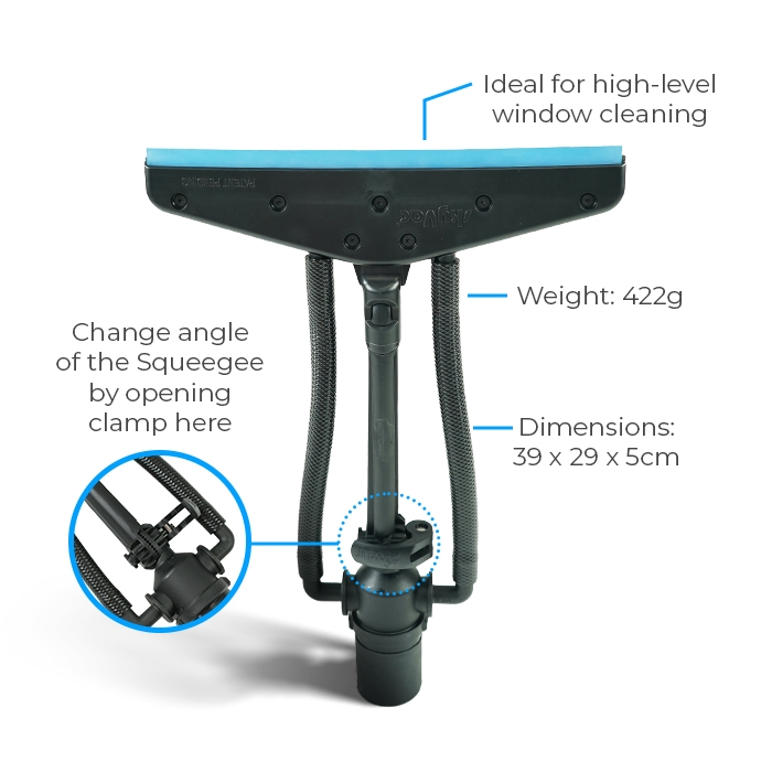 Squeegee tool with a blue edge, featuring adjustable clamp for angle change; labeled ideal for high-level window cleaning. Dimensions: 39 x 29 x 5 cm; weight: 422g.