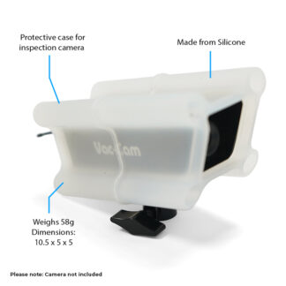 Protective silicone case designed for an inspection camera, labeled "VacCam," sits on a white surface with text noting dimensions (10.5 x 5 x 5), weight (58g), and that the camera is not included.