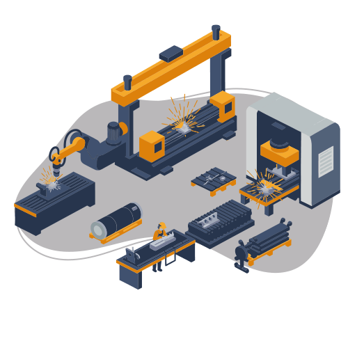 Illustration of an industrial robotics assembly line with machines performing automated welding on metal components, surrounded by various mechanical parts and equipment, showcasing automation technology.