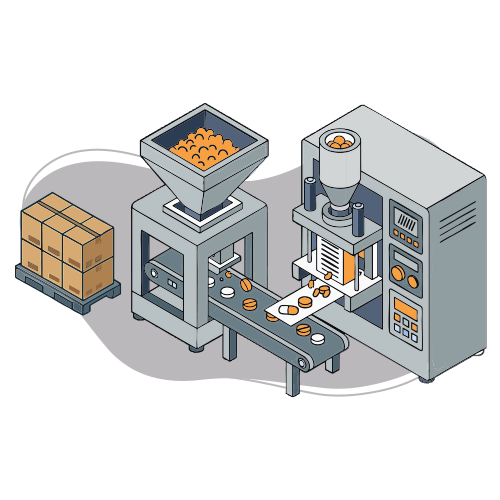 An illustration depicts a doughnut-making machine processing doughnuts on a conveyor belt, with boxes stacked on a pallet nearby, indicating an industrial food production setting.
