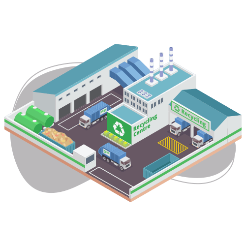 Isometric illustration of a recycling center with trucks unloading materials; green containers and labeled recycling bins are visible, surrounded by industrial buildings and chimneys. Text: "Recycling Centre."