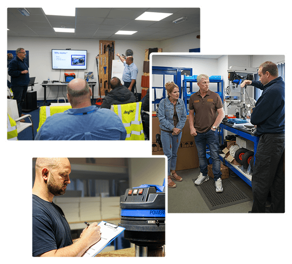 A collage depicting a training session with participants in a classroom viewing a presentation, people discussing machinery in a workshop, and a man taking notes near a "Power" labeled machine.
