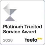 Logo displaying a silver geometric trophy symbol above the text "Platinum Trusted Service Award" and "2026" with the brand name "feefo" alongside two yellow circles on a white background.