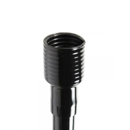 A sleek, black metal hose fitting with a threaded interior is positioned against a plain white background.